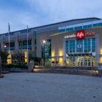 Canada Life Place arena entrance after sunset, downtown London