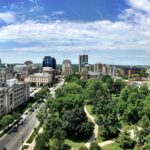 Panoramic view of downtown London and Victoria Park from the City Hall observation deck
